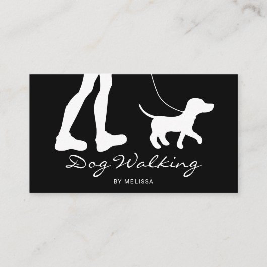 脚と小さな犬の白黒ドッグウォーカー 名刺 (正面)