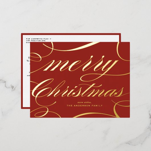 脚本エレガントが華やかな赤いメリークリスマス 箔シーズンポストカード (正面/裏面)