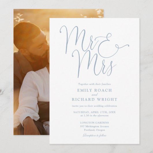脚本エレガントMr.And Mrs. Photo Dusty Blue結婚. 招待状 (正面/裏面)