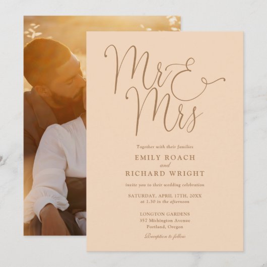 脚本エレガントMr.And Mrs. Photo Soft Peach's 結婚 招待状 (正面/裏面)