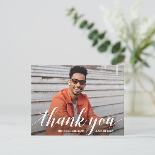 脚本カジュアルと写真の卒業ありがとう ポストカード (スタンド正面)