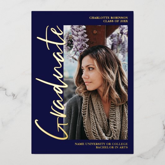 脚本ネイビー金ゴールド卒業4枚の写真卒業 箔招待状 (正面)