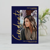 脚本ネイビー金ゴールド卒業4枚の写真卒業 箔招待状 (立ち正面)