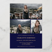 脚本ネイビー金ゴールド卒業4枚の写真卒業 箔招待状 (裏面)