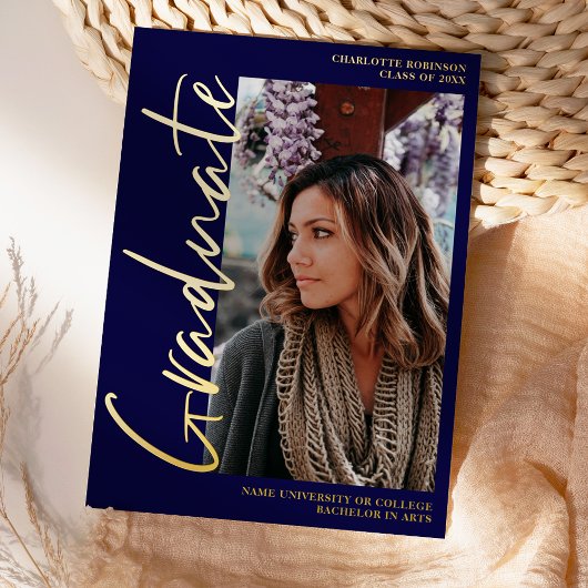 脚本ネイビー金ゴールド卒業4枚の写真卒業 箔招待状