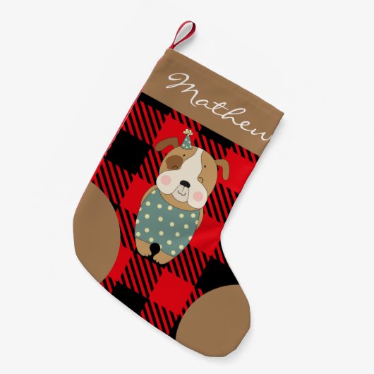 脚本パーソナライズされたトレンディーバッファローは赤褐色を格子状に引いた スモールクリスマスストッキング (正面 (吊り時))