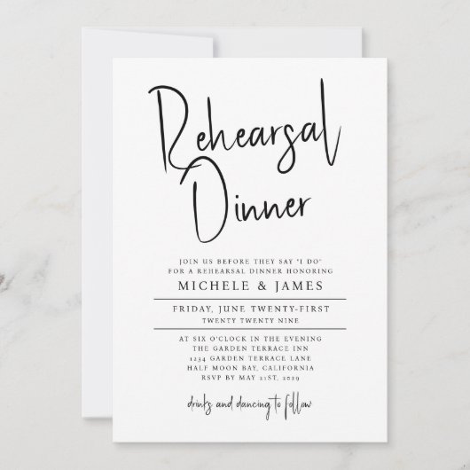 脚本ミニマルタイポグラフィの結婚リハーサル夕食会 招待状 (正面)