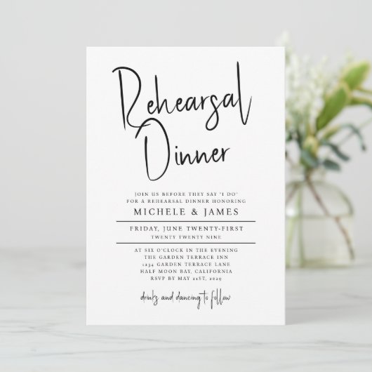 脚本ミニマルタイポグラフィの結婚リハーサル夕食会 招待状 (スタンド正面)