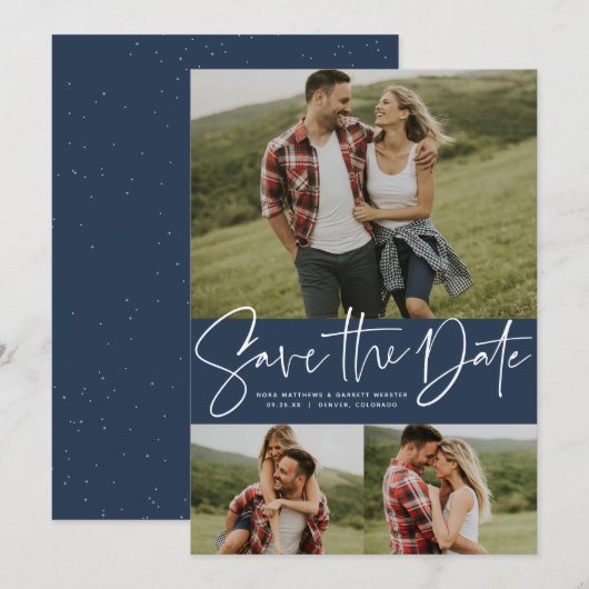 脚本モダントレンディー3枚フォトネイビー セーブザデート (正面/裏面)