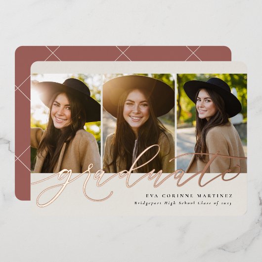 脚本モダン卒業バラ3写真卒業 箔招待状 (正面/裏面)
