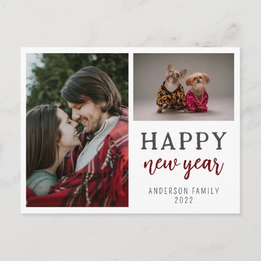 脚本モダン2枚フォトファミリー新年おめでとう ポストカード (正面)