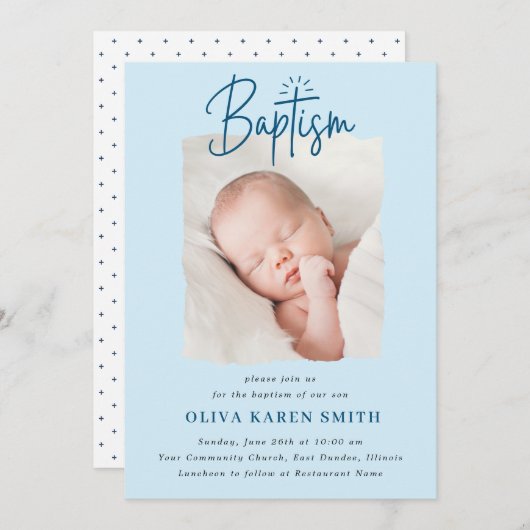 脚本手書き洗礼《キリスト教》洗礼式や命名式フォトボーイ 招待状 (正面/裏面)