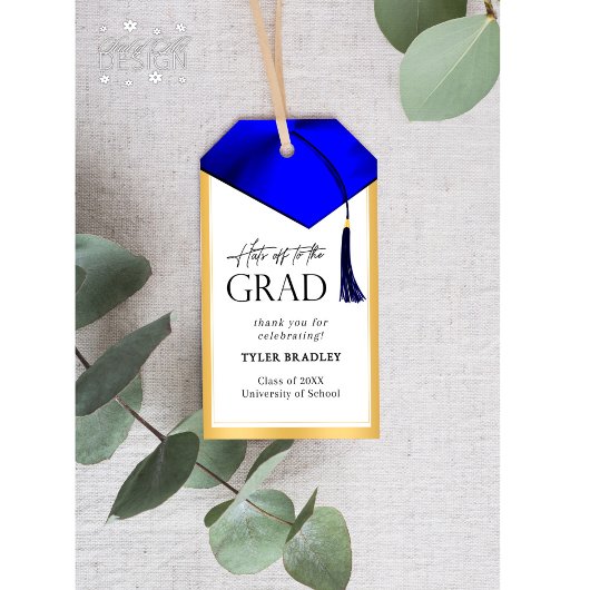 脱帽から卒業ブルー&金ゴールドメンズ ギフトタグ