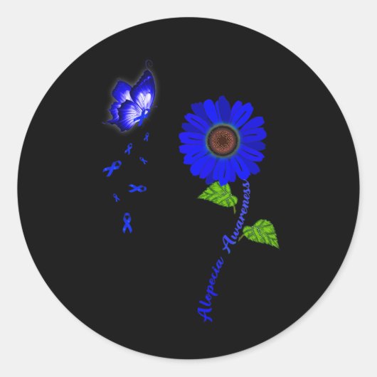 脱毛症認識度ブルーバタフライサンフラワーリボン ラウンドシール (正面)