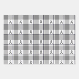 脳がん啓発チェック柄グレー リボン ラッピングペーパーシート