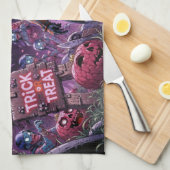 脳を配るハロウィーンゾンビのトリックまたは治療 キッチンタオル (四つ折り)