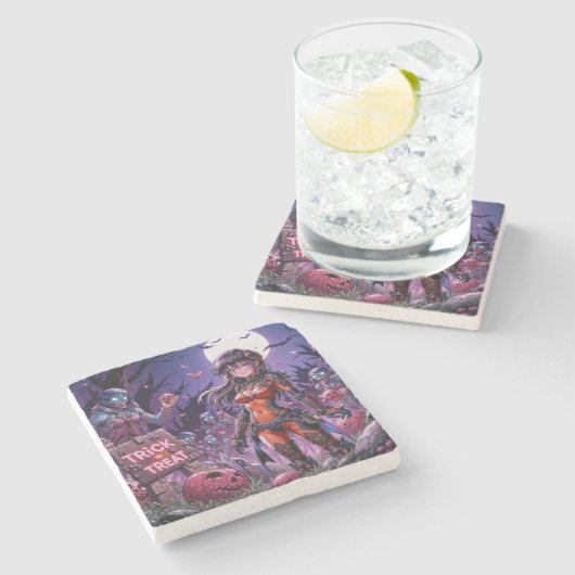 脳を配るハロウィーンゾンビのトリックまたは治療 ストーンコースター (横)