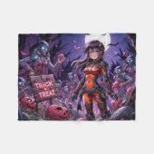 脳を配るハロウィーンゾンビのトリックまたは治療 フリースブランケット (正面(横))