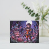 脳を配るハロウィーンゾンビのトリックまたは治療 ポストカード (スタンド正面)