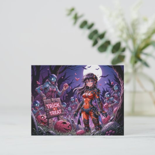 脳を配るハロウィーンゾンビのトリックまたは治療 ポストカード (スタンド正面)