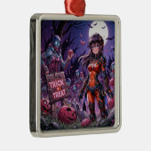 脳を配るハロウィーンゾンビのトリックまたは治療 メタルオーナメント (右)