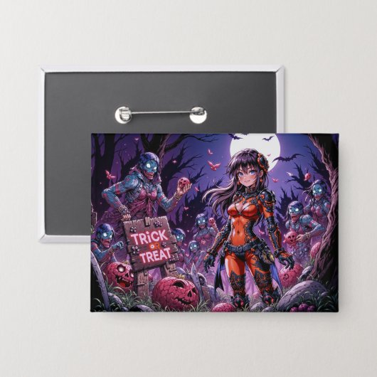 脳を配るハロウィーンゾンビのトリックまたは治療 缶バッジ (正面/裏面)