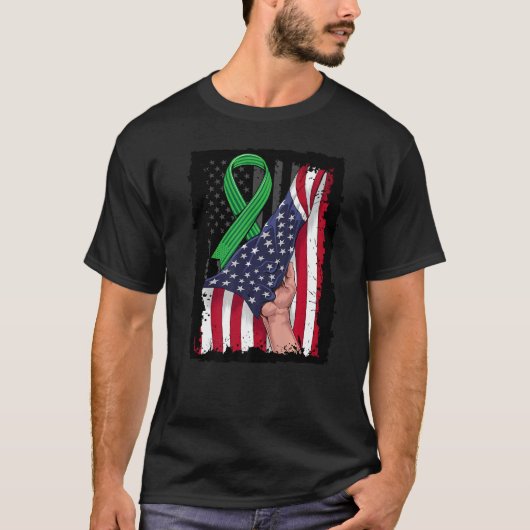 腎臓病認識度アメリカ国旗Green Ribbo Tシャツ (正面)