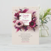 腐食性のブルゴーニュ色の花と金ゴールド結婚枠 招待状 (スタンド正面)
