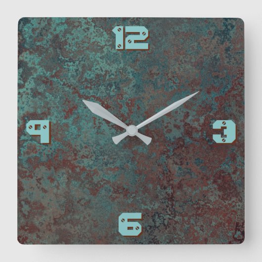 腐食"銅"プリントクロック'番号'の正方形 スクエア壁時計 (正面)