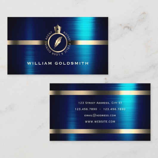 腕の金ゴールドと青の公証人ロゴのコート 名刺 (正面/裏面)