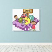 腕を上げて立っている女の子と男の子は座っている キャンバスプリント (インサイチュ (ウッドフロア))