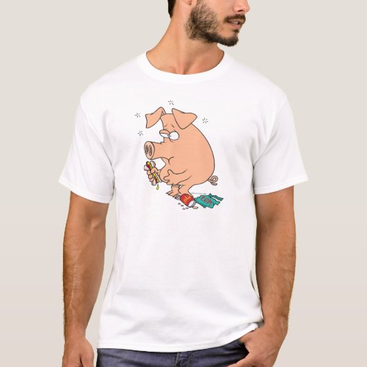 腹おもしろい痛詰まったのジャンクフード豚 Tシャツ (正面)