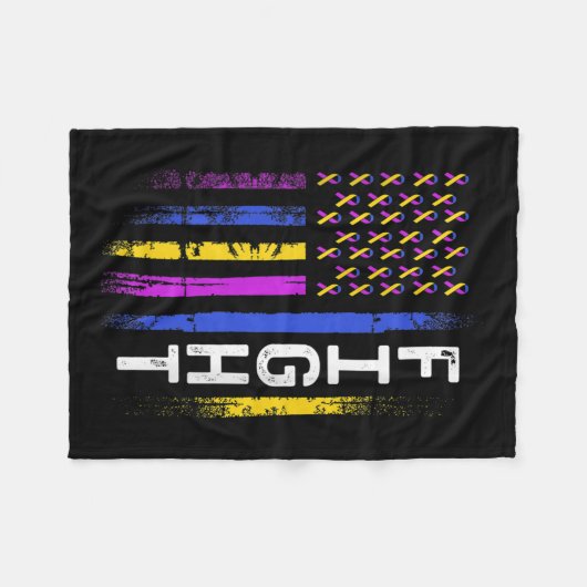 膀胱がんフラッグ紫色の黄色いリボン戦争 フリースブランケット (正面(横))