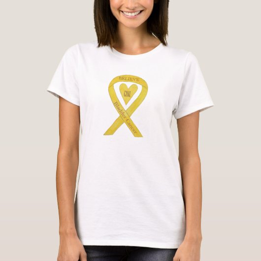 膀胱がん黄色認識度リボンハートシャツ Tシャツ (正面)