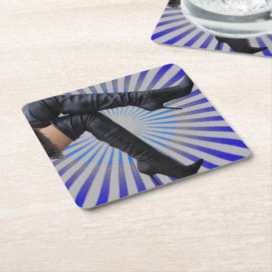 膝の上の腿ハイブーツ – 青スターバスト スクエアペーパーコースター (アングル)