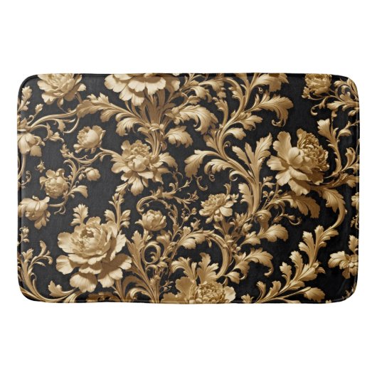膿性心地よい:黒と金ゴールドのフローラ バスマット (正面)