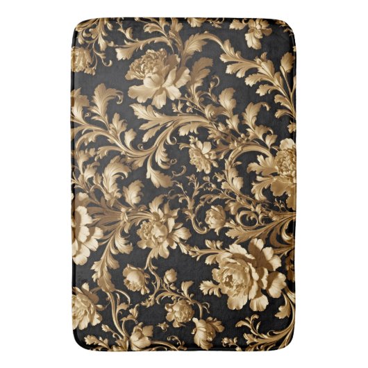 膿性心地よい:黒と金ゴールドのフローラ バスマット (正面縦)