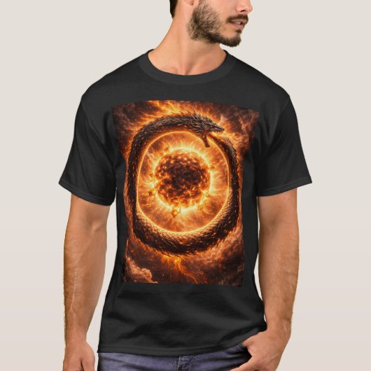 自らの尾を食い込む蛇が、消えゆく太陽を取り巻く Tシャツ (正面)