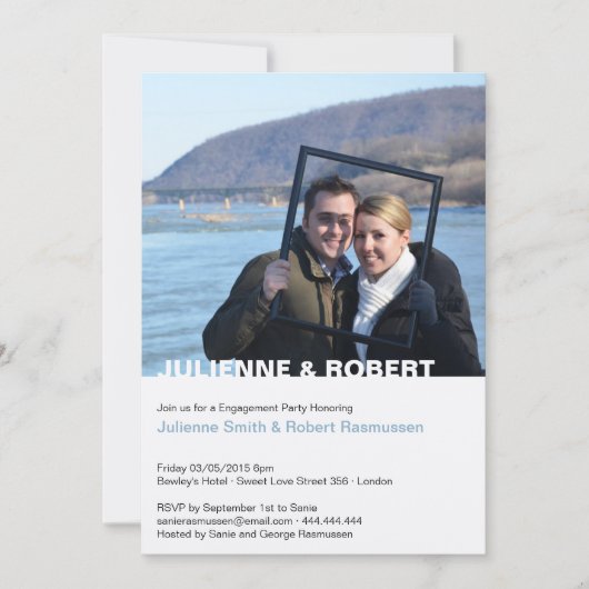 自モダン分の写真婚約パーティ 招待状 (正面)