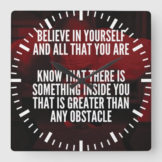 自信じ身 – トレーニングやる気を起こさせる スクエア壁時計 (正面)