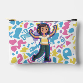 自信を持って屈するヘッドフォンを持つリラックス女の子 アクセサリーポーチ