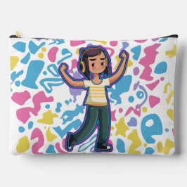 自信を持って屈するヘッドフォンを持つリラックス女の子 アクセサリーポーチ