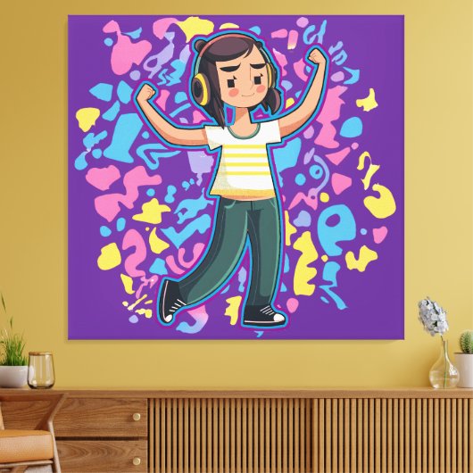 自信を持って屈するヘッドフォンを持つリラックス女の子 キャンバスプリント (インサイチュ (リビング))