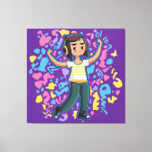 自信を持って屈するヘッドフォンを持つリラックス女の子 キャンバスプリント (正面)