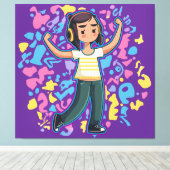自信を持って屈するヘッドフォンを持つリラックス女の子 キャンバスプリント (インサイチュ (ウッドフロア))