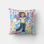 自信を持って屈するヘッドフォンを持つリラックス女の子 クッション (正面)