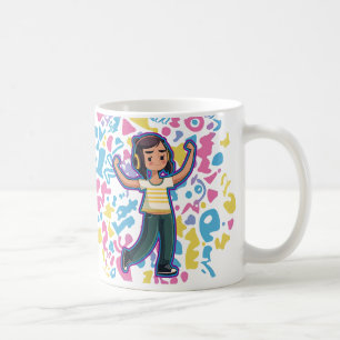 自信を持って屈するヘッドフォンを持つリラックス女の子 コーヒーマグカップ
