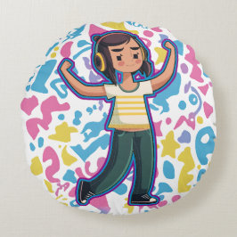 自信を持って屈するヘッドフォンを持つリラックス女の子 ラウンドクッション