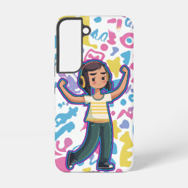 自信を持って屈するヘッドフォンを持つリラックス女の子 SAMSUNG GALAXY S22ケース