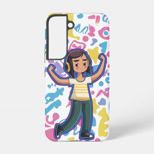自信を持って屈するヘッドフォンを持つリラックス女の子 SAMSUNG GALAXYケース (裏面)